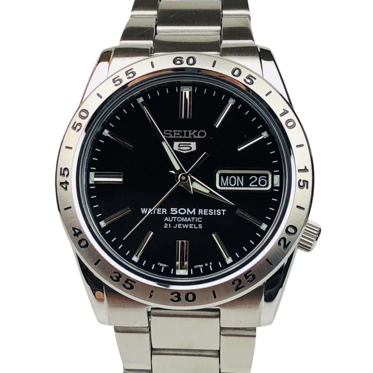 Seiko 5 men's automatic watch with black dial, date window MON 26, stainless steel case