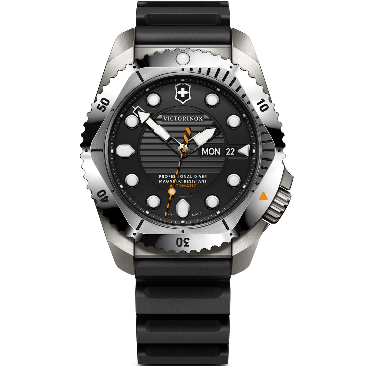 Men's automatic dive watch with black dial, orange accents, and black rubber strap