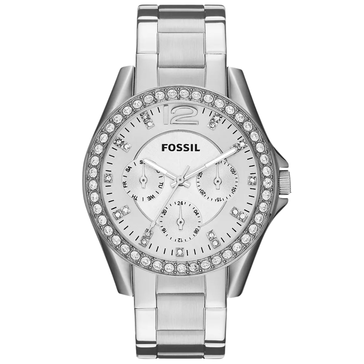 Front view of the Fossil Riley ES3202 ladies quartz watch showing the silver dial, crystal-adorned bezel, three sub-dials, and stainless steel bracelet