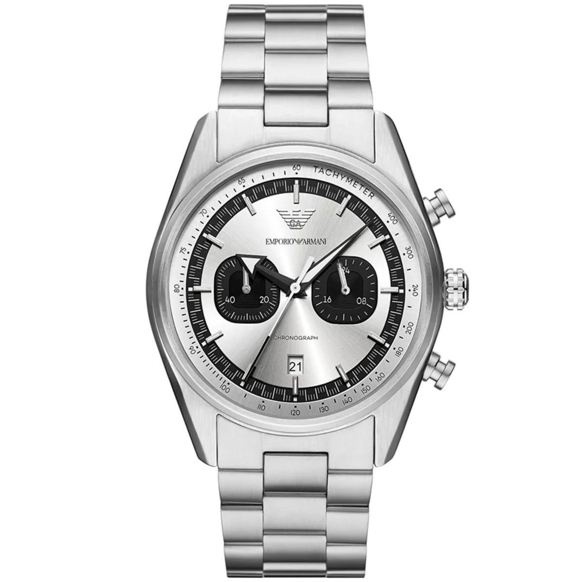 Emporio Armani Racer AR11636 front view displaying silver dial with dual sub-dials and steel link bracelet