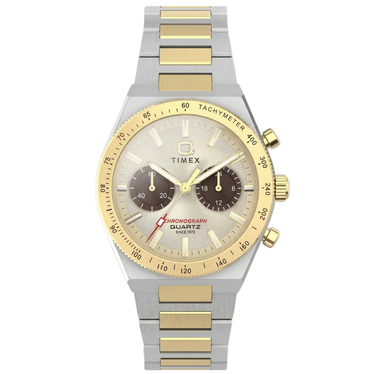 Timex Q Continental TW2Y92300 front view displaying gold dial with chronograph sub-dials, tachymeter bezel, and two-tone steel bracelet