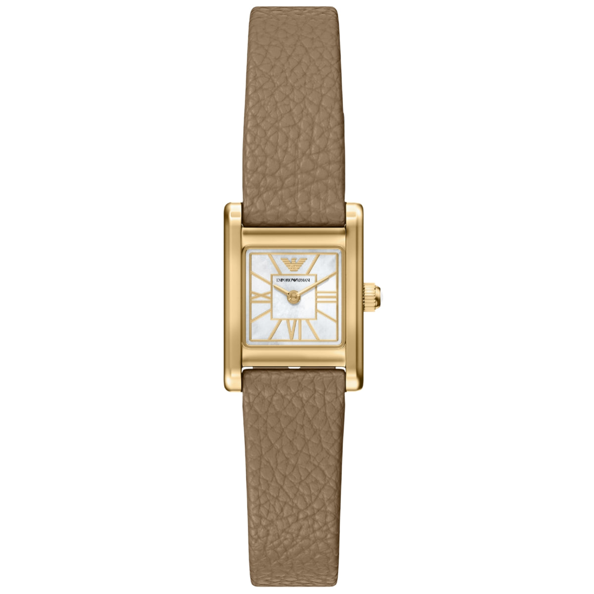 Rectangular women’s quartz watch with mother-of-pearl dial, gold-tone case, taupe leather strap
