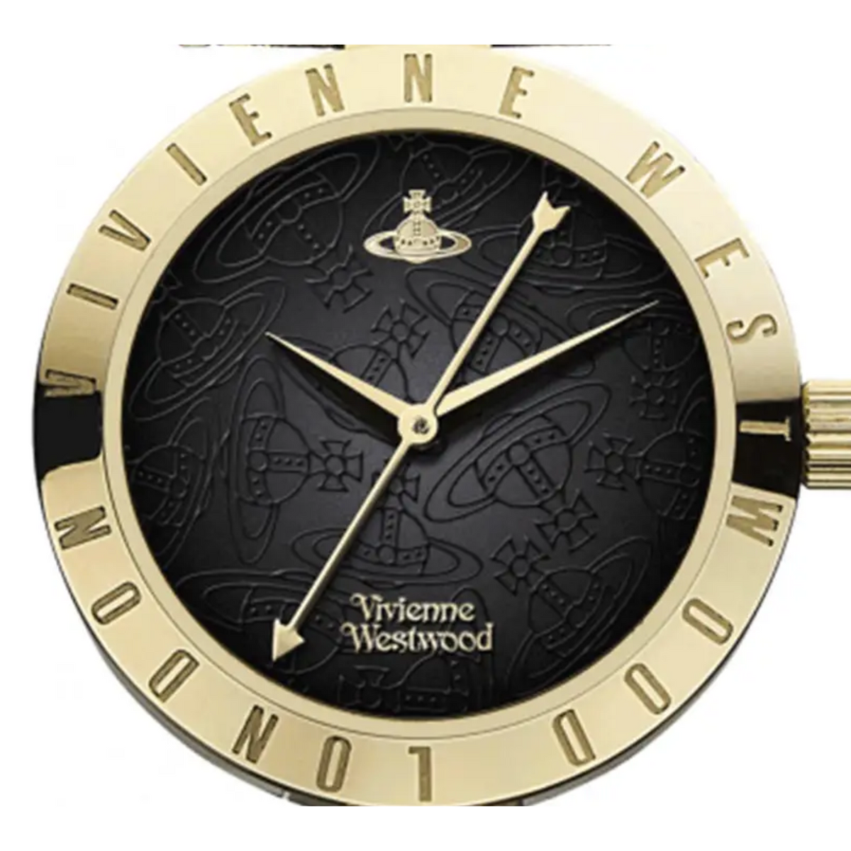 Gold-tone quartz watch dial in black with Vivienne Westwood branding, ornate pattern, hands