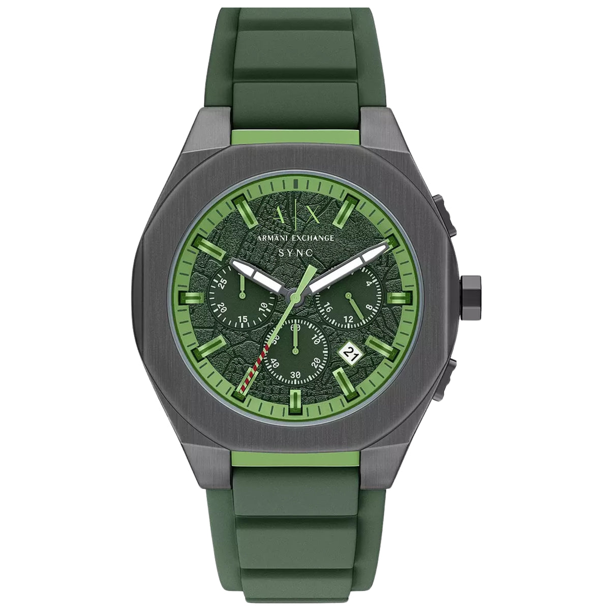 Armani Exchange Sync AX4292 44mm green dial chronograph mens watch with grey case and olive silicone strap