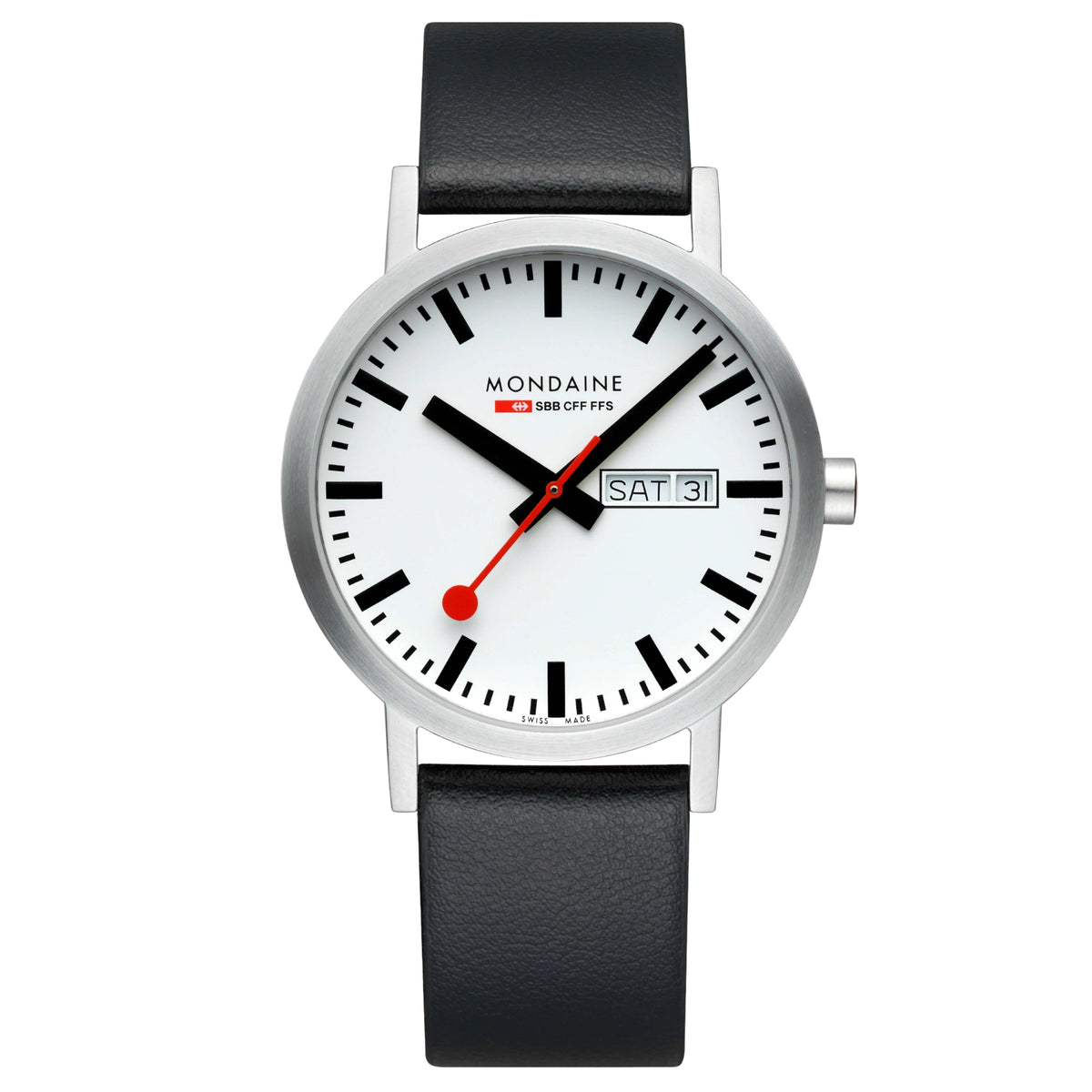 Front view of the Mondaine Classic A667.30360.11SBBV Swiss quartz watch featuring a matte stainless steel case, white SBB clock face with day-date indicator, and black eco-leather strap