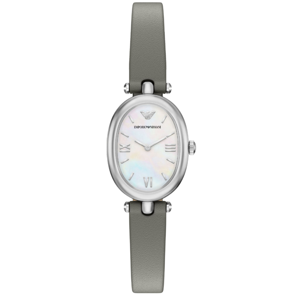 Ladies quartz wristwatch with grey leather strap and oval mother-of-pearl dial, roman numerals