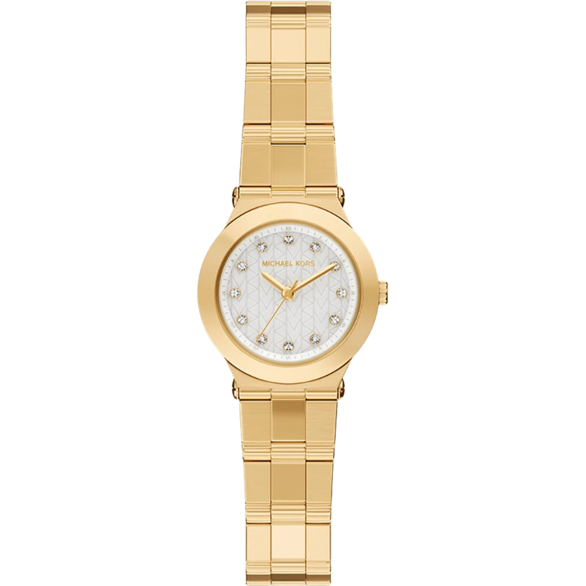 Michael Kors Billie MK7567 ladies watch front view featuring a white mother of pearl dial with crystal indices and gold-plated steel bracelet