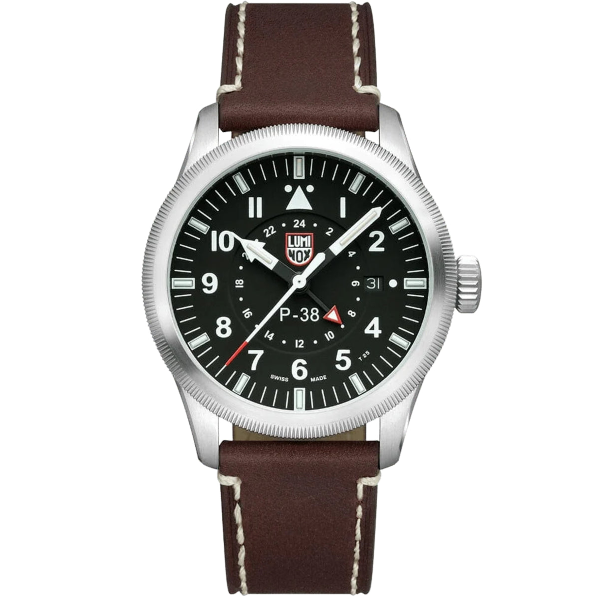 Luminox P-38 Lightning Air Pilot 9520 Series XA.9521 black dial mens watch front view showing stainless steel case and brown leather strap