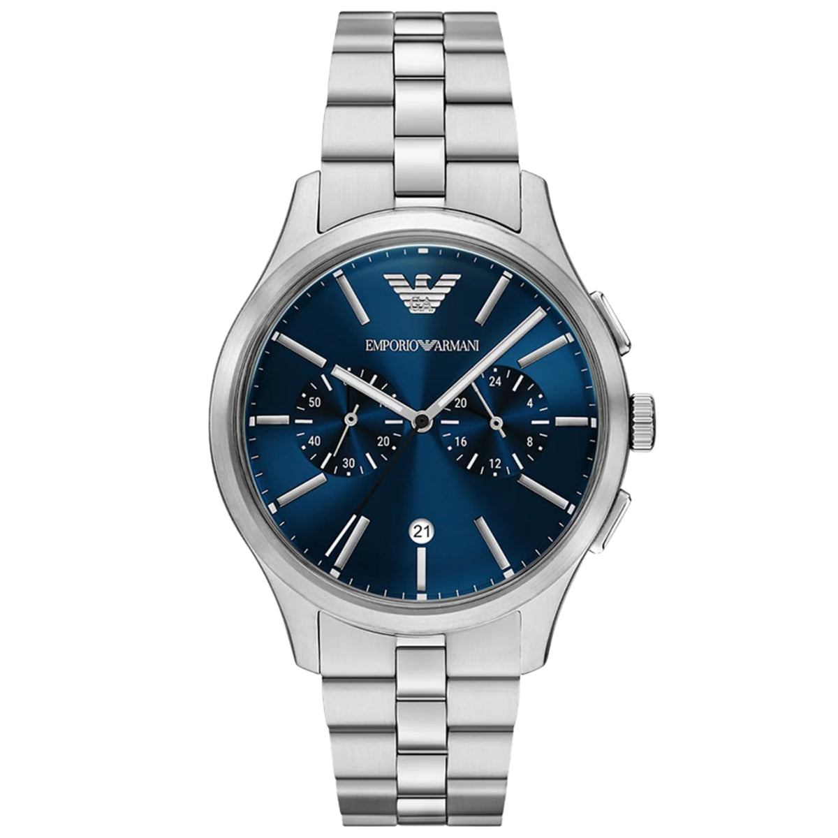 Emporio Armani Dario AR11728 mens watch featuring a sunray blue dial, dual chronograph subdials, silver baton indices, and a stainless steel link bracelet