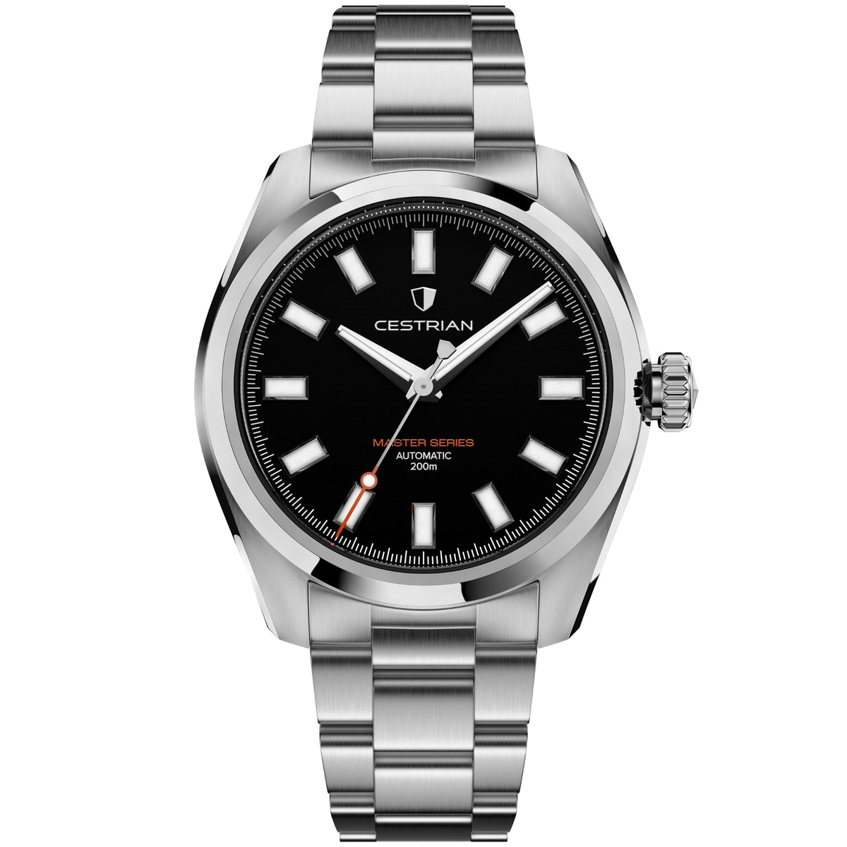 Silver automatic men's wrist watch with black dial and white hour markers