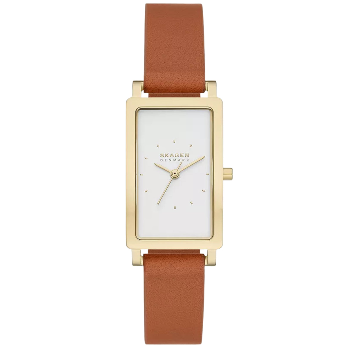 Rectangular ladies quartz watch: white dial, brown leather strap, gold-tone case