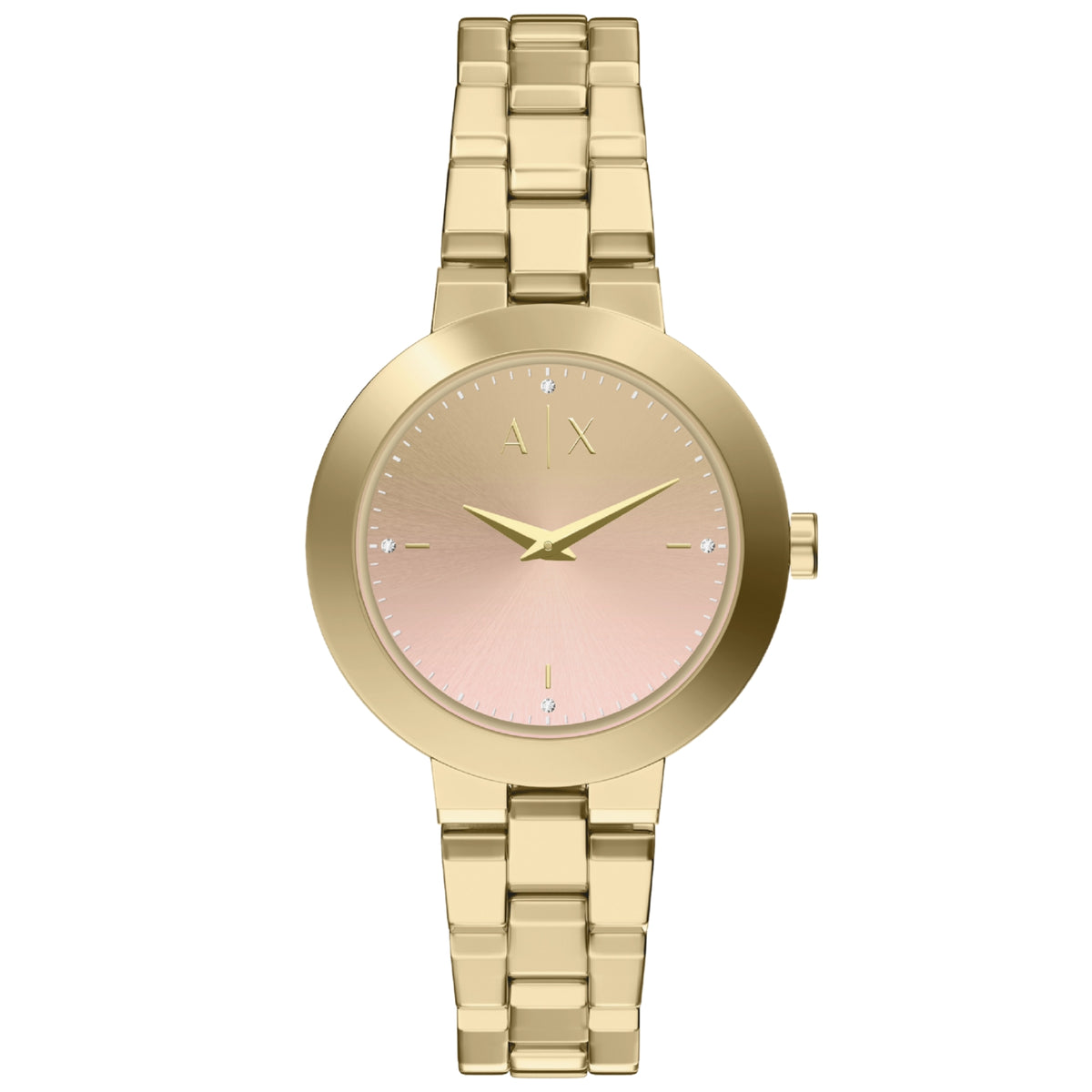 Gold-tone stainless steel watch with round case, pink dial, and gold link bracelet