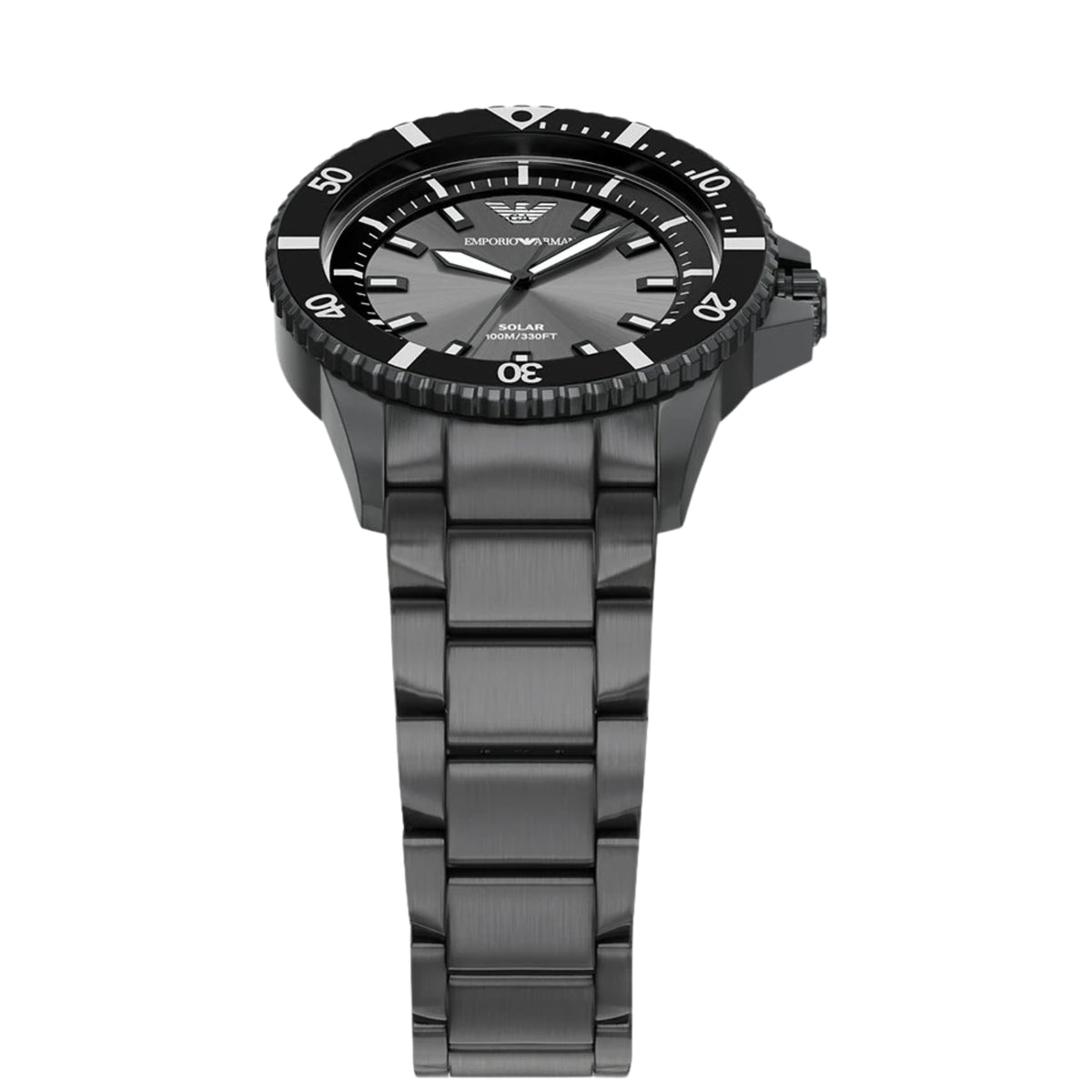 Overhead perspective of the Emporio Armani World Explorer AR11831 watch showcasing the black bezel, sub-dials, silver-tone case, and black stainless steel bracelet