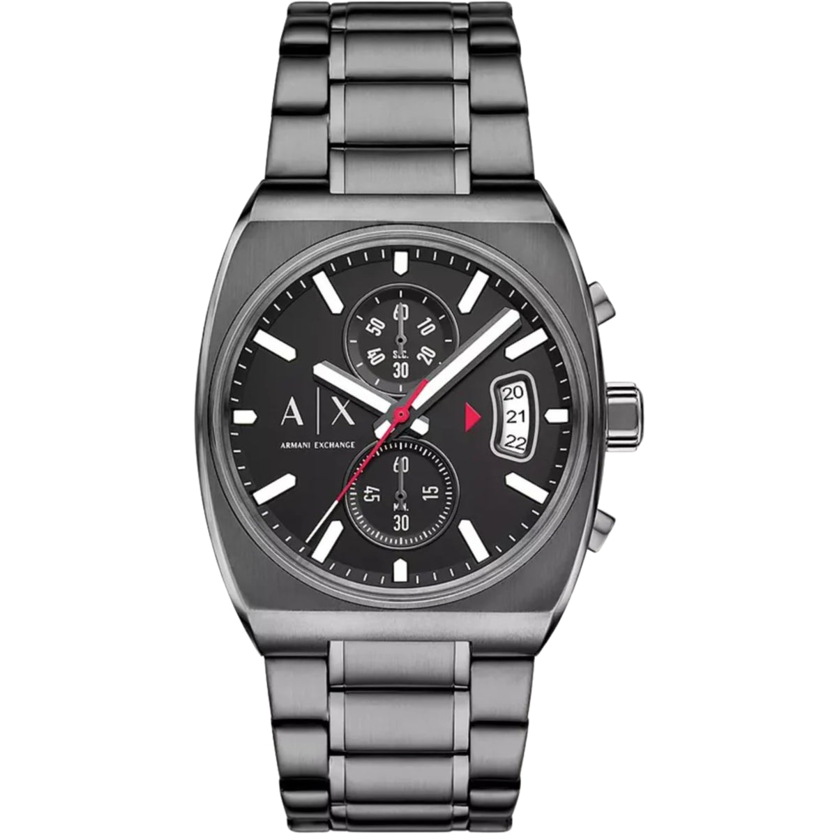 Men's steel chronograph watch with black dial, chronograph subdials and red accents.