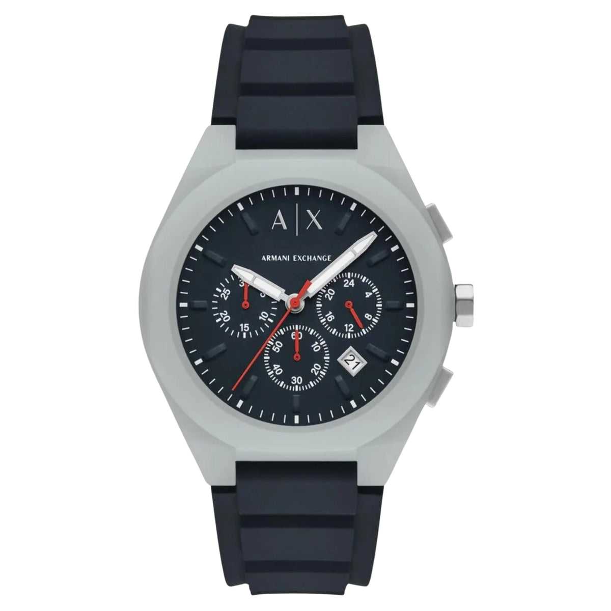 Chronograph quartz watch with dark dial, red accents, and black silicone strap