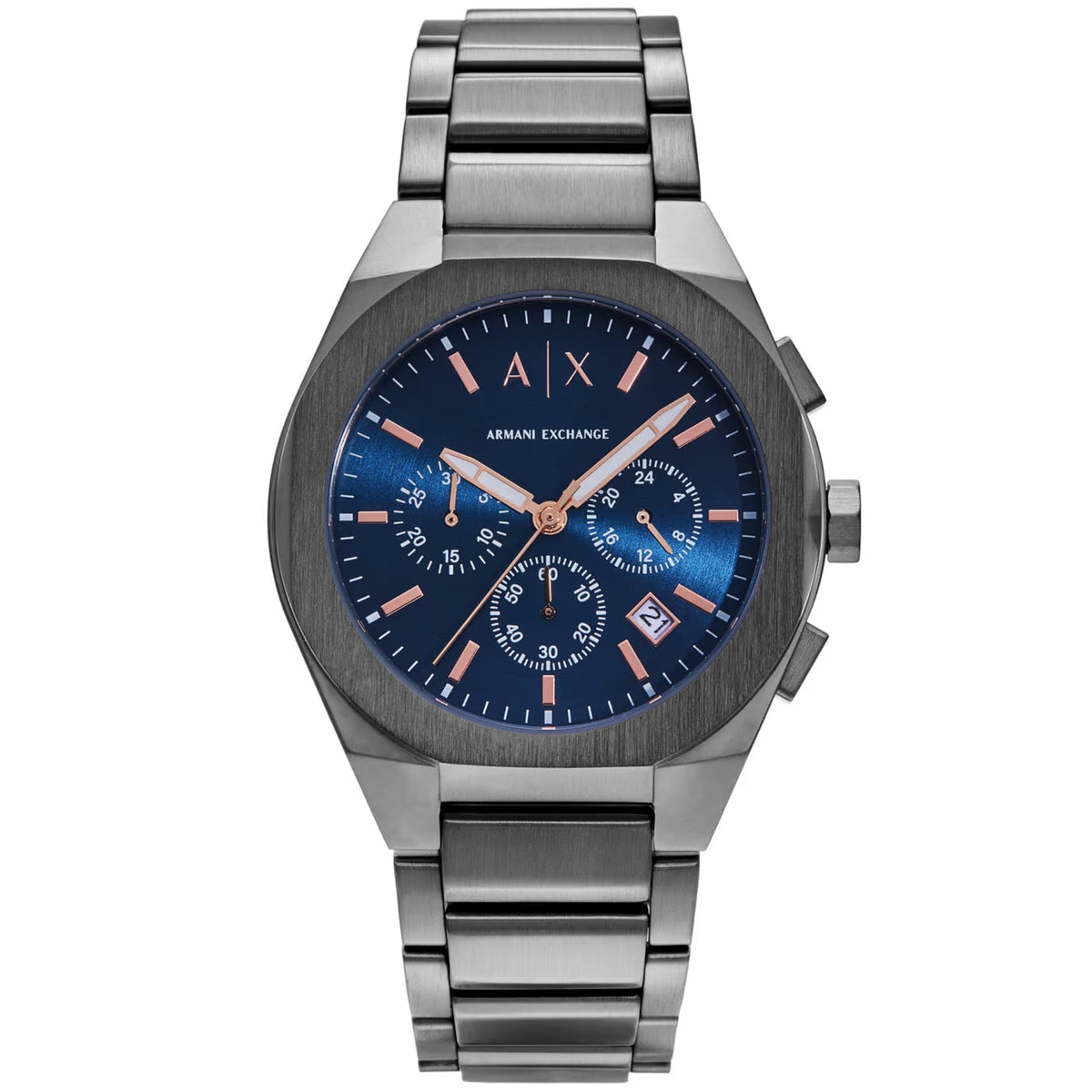 Armani Exchange Sync AX4182 42mm blue dial chronograph mens watch with gunmetal steel case and rose gold accents
