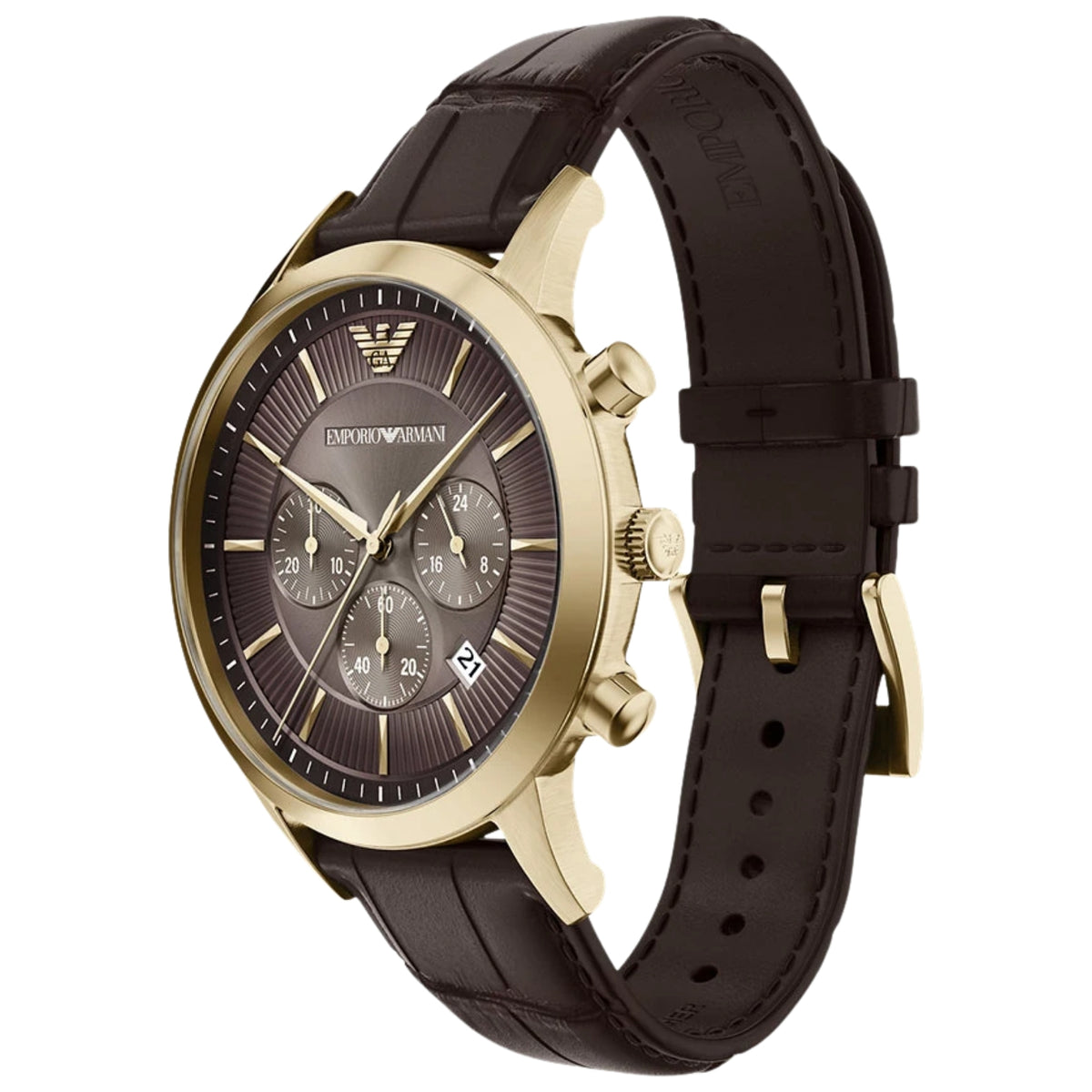 Angled perspective of the Emporio Armani Archetipo AR11822 watch displaying the gold-tone case, brown dial, chronograph pushers, and leather strap