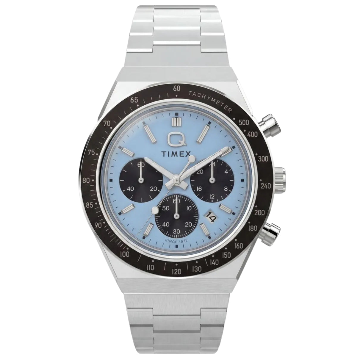 Q Timex TW2Y88600 front view displaying light blue dial with contrast chronograph sub-dials, tachymeter bezel, and steel bracelet
