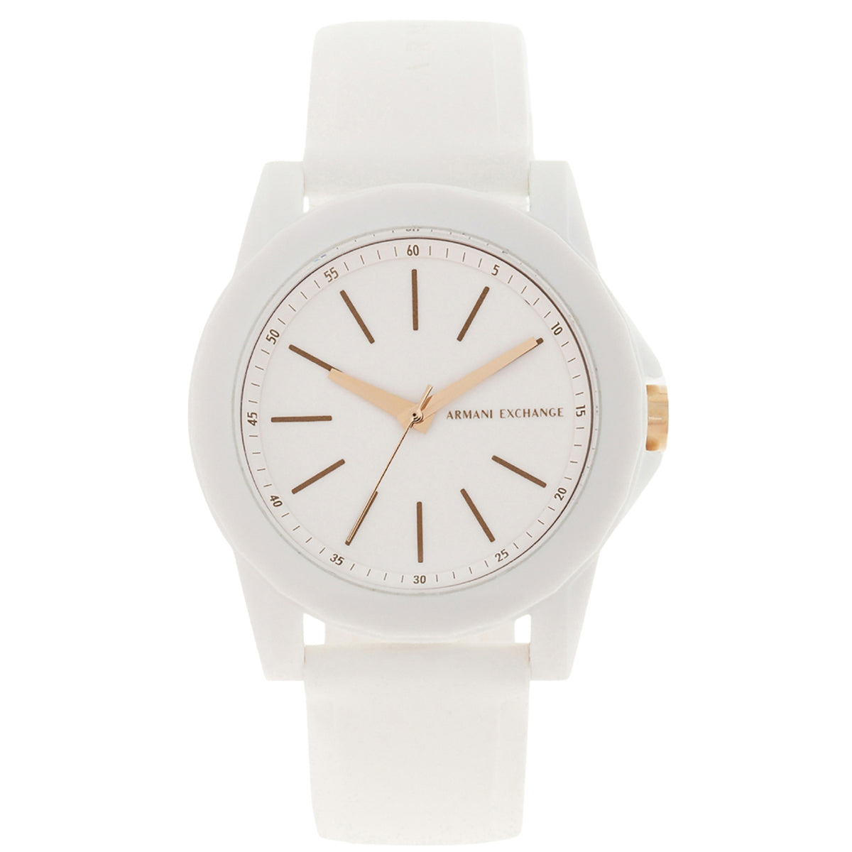 White dial ladies quartz watch with gold-tone hands and white silicone band