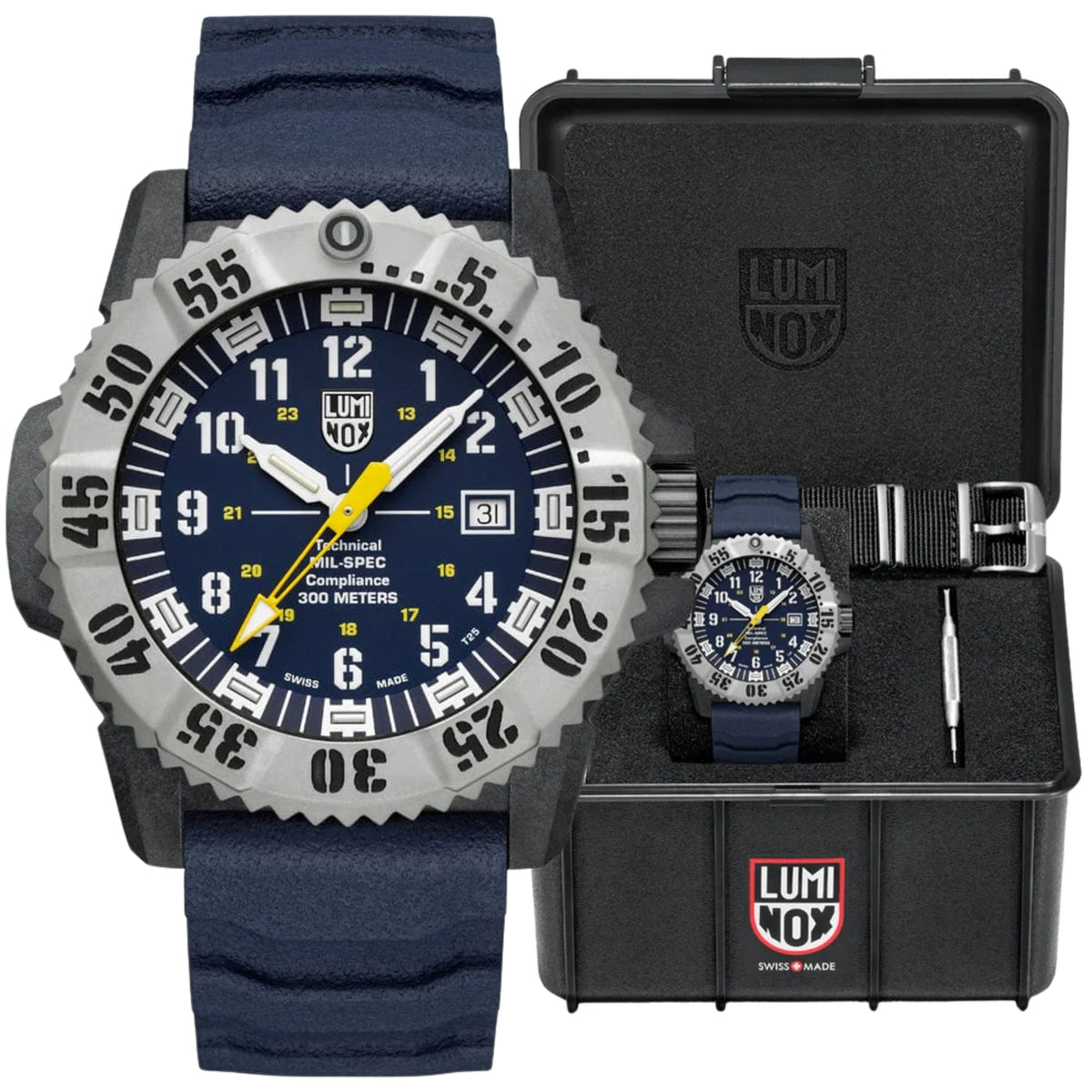 Men's Luminox quartz watch close-up, blue dial with white numerals, blue rubber strap