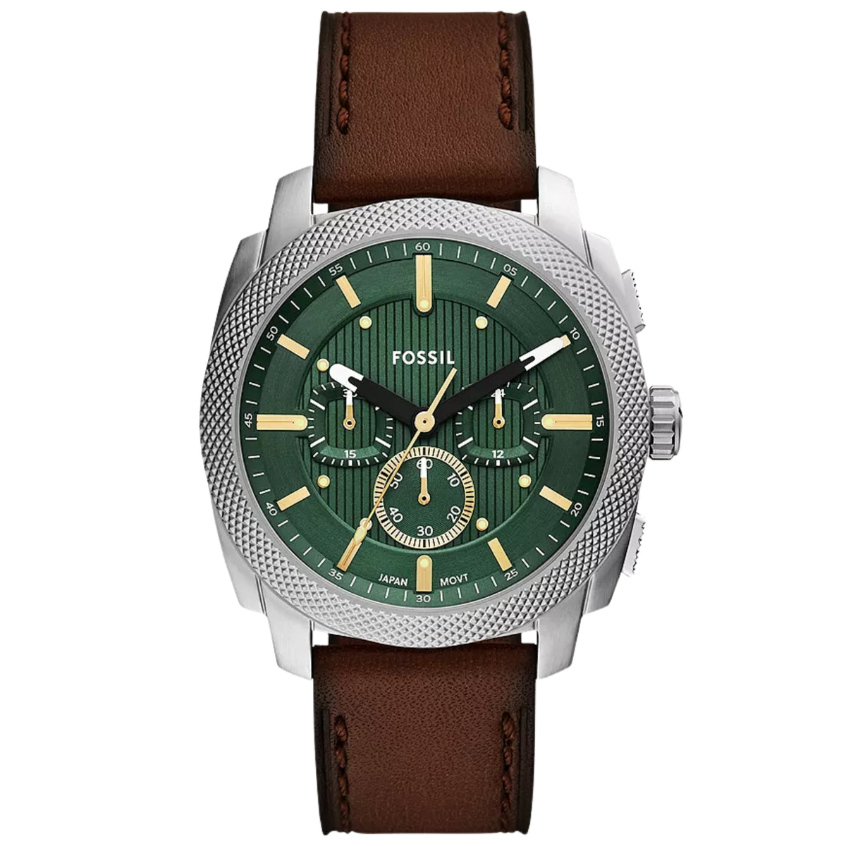 Front view of the Fossil Machine FS6100 chronograph watch featuring a green dial, textured bezel, sub-dials, gold-tone hour markers, and brown leather strap
