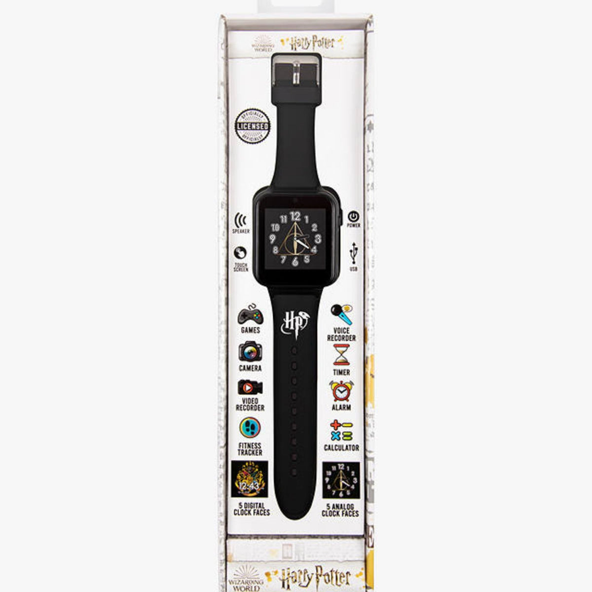 Retail box for Harry Potter kids digital watch, black watch with feature icon strip