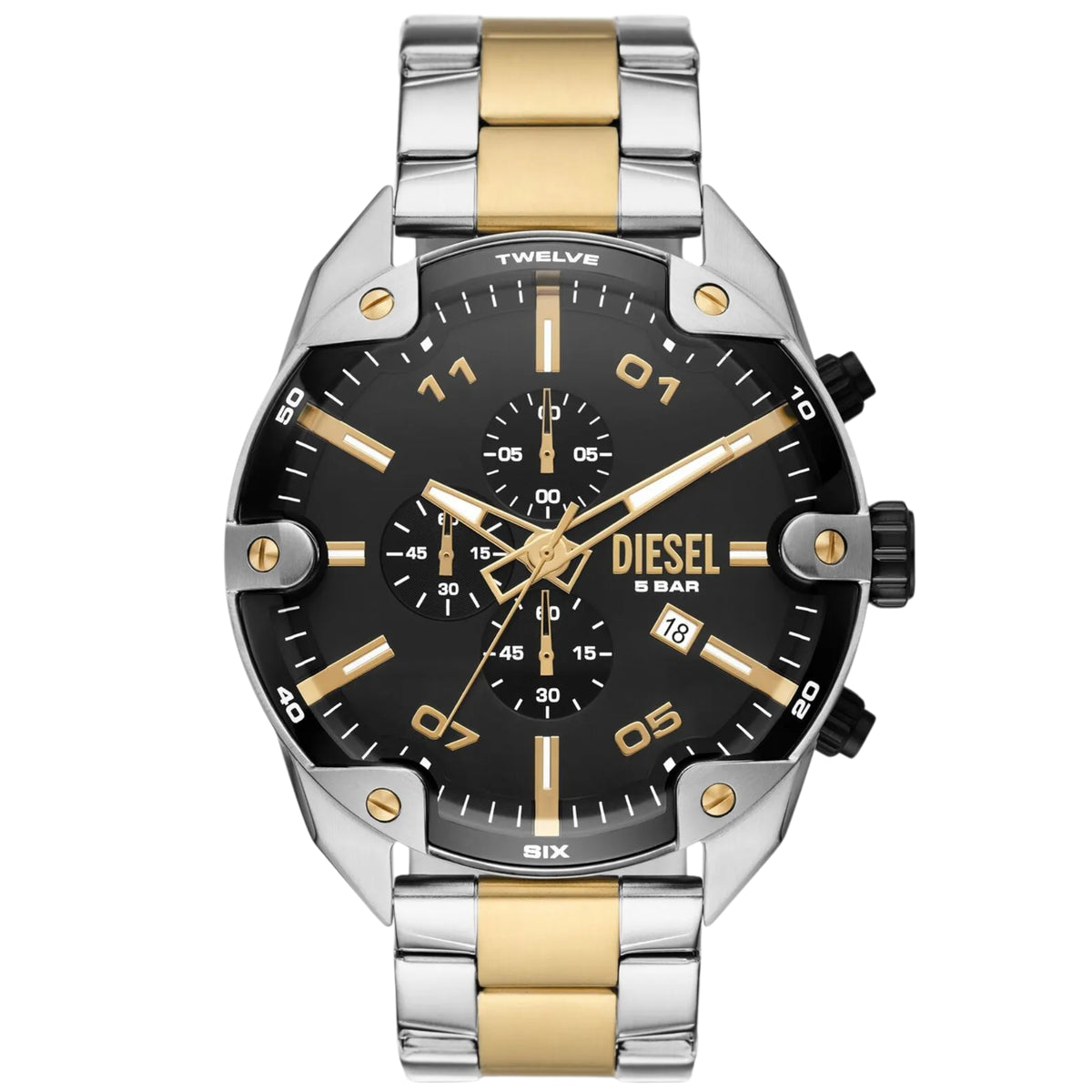 Diesel chronograph watch with black dial, gold markers, subdials and steel bracelet