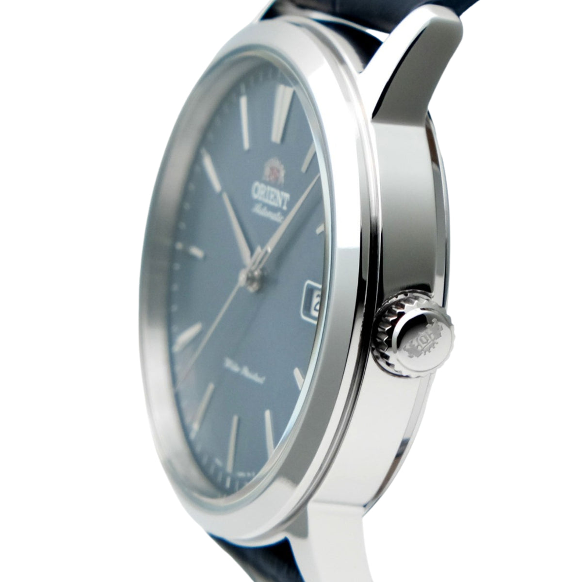 Stainless steel automatic watch with blue dial and leather strap, side view