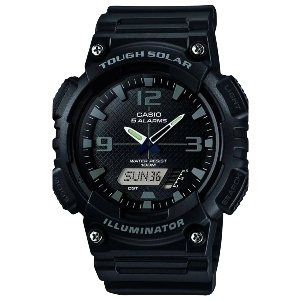 Casio Tough Solar men’s watch with black dial, resin strap, and digital display