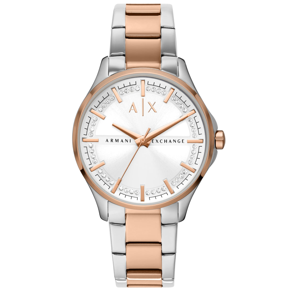 Two-tone ladies quartz watch with white dial, orange markers, and metal link bracelet