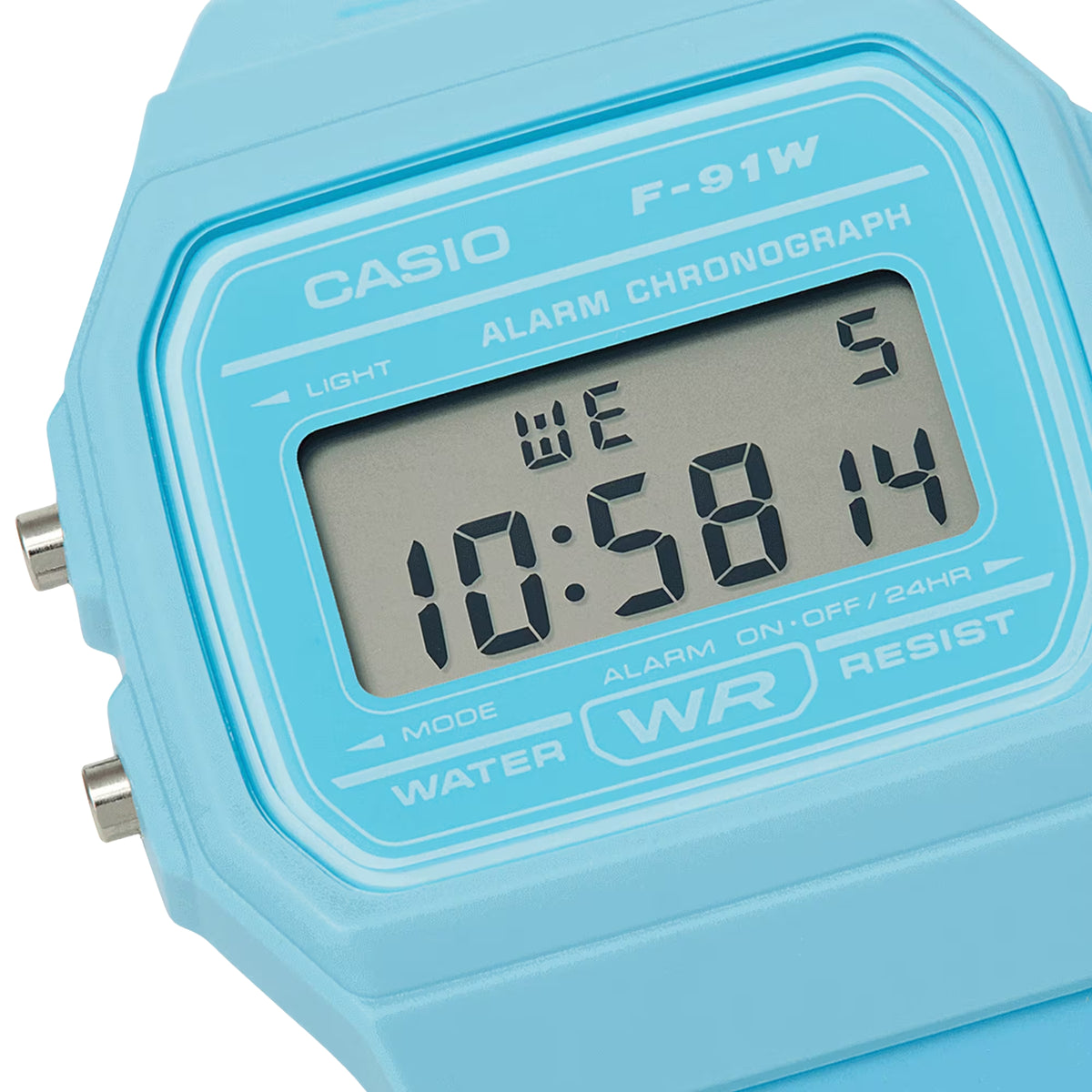 Casio Vintage F-91WC-2AEF close-up view of digital dial screen showing time and function indicators with resin bezel