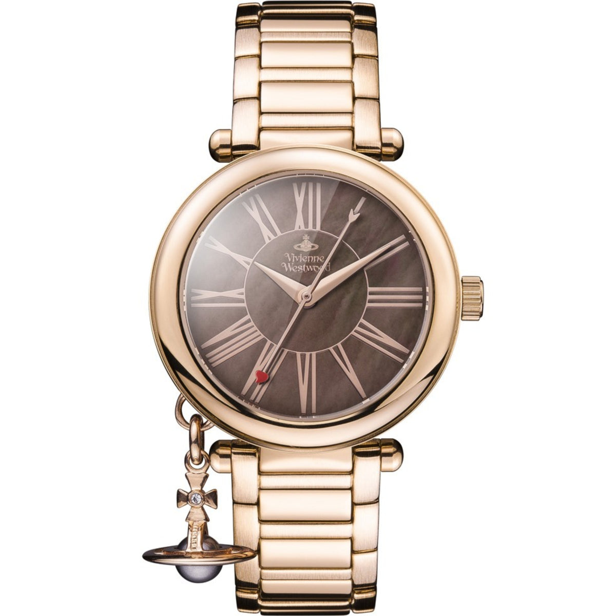 Vivienne Westwood Mother Orb VV006PBRRS 32mm ladies watch featuring a mother-of-pearl dial and rose gold-tone steel bracelet with orb charm.