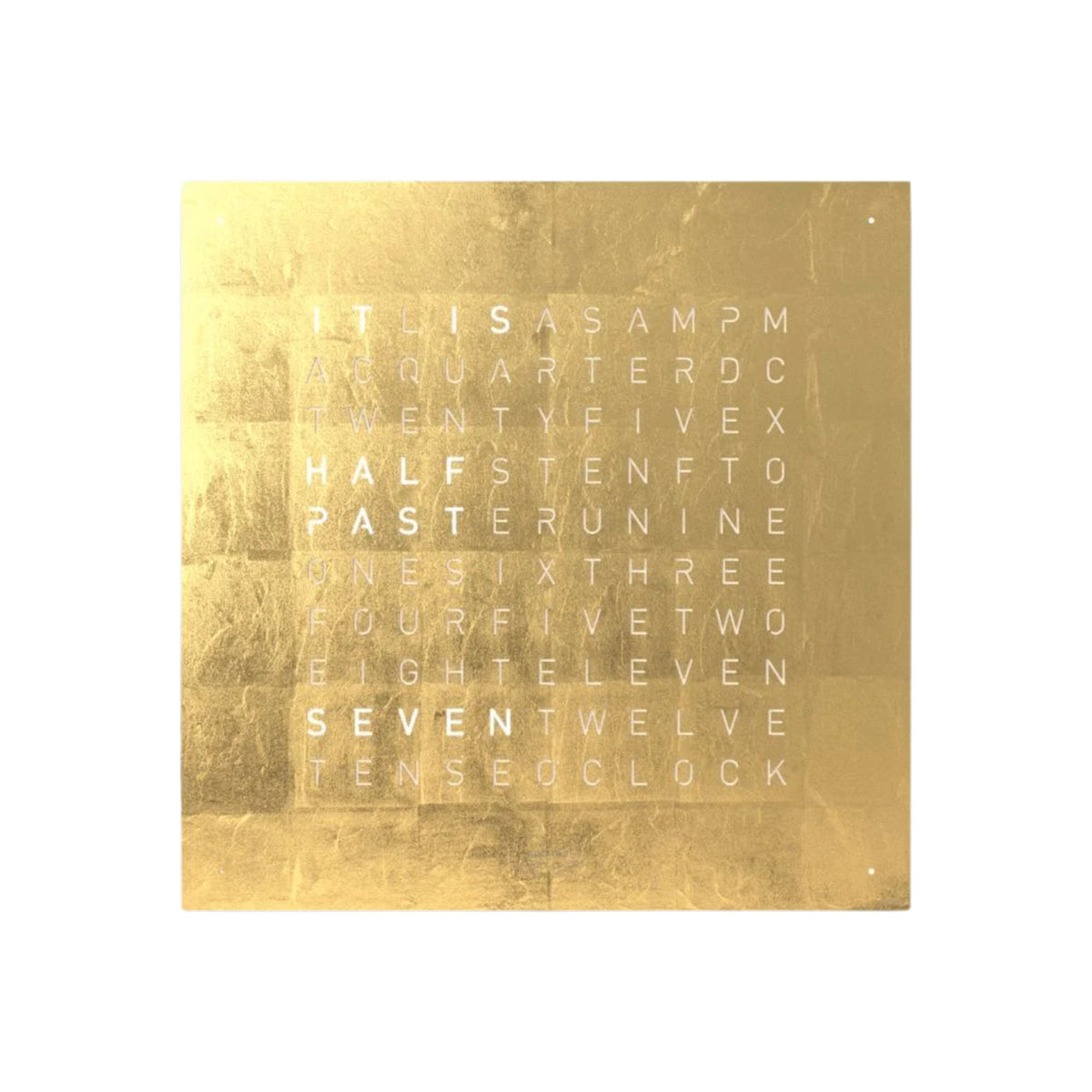 Gold English wall clock face with lit word markers across the letter grid