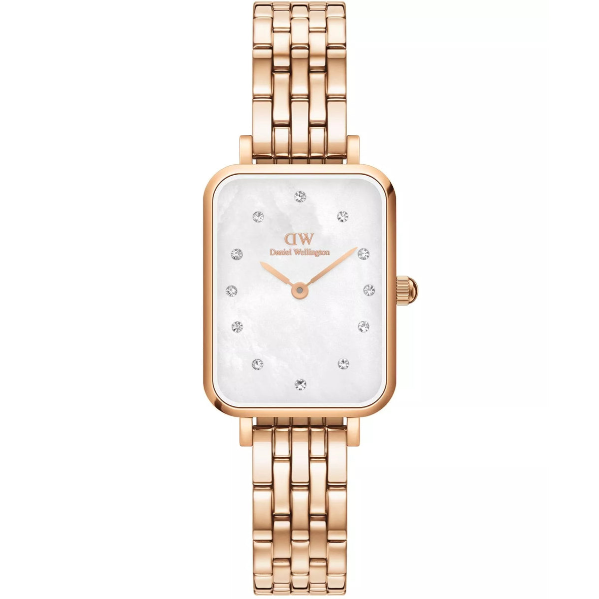 Rose-gold square dial ladies quartz watch with white mother-of-pearl face and steel bracelet