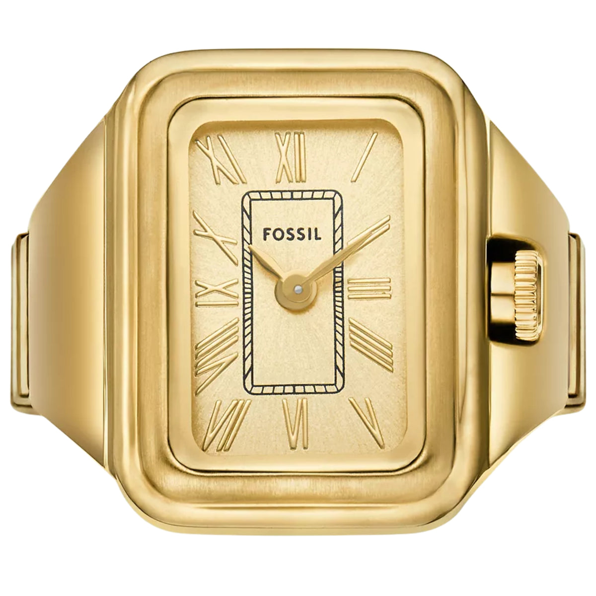 Direct front view of the Fossil Watch Ring ES5343 displaying the gold dial with Roman numeral hour markers and rectangular bezel