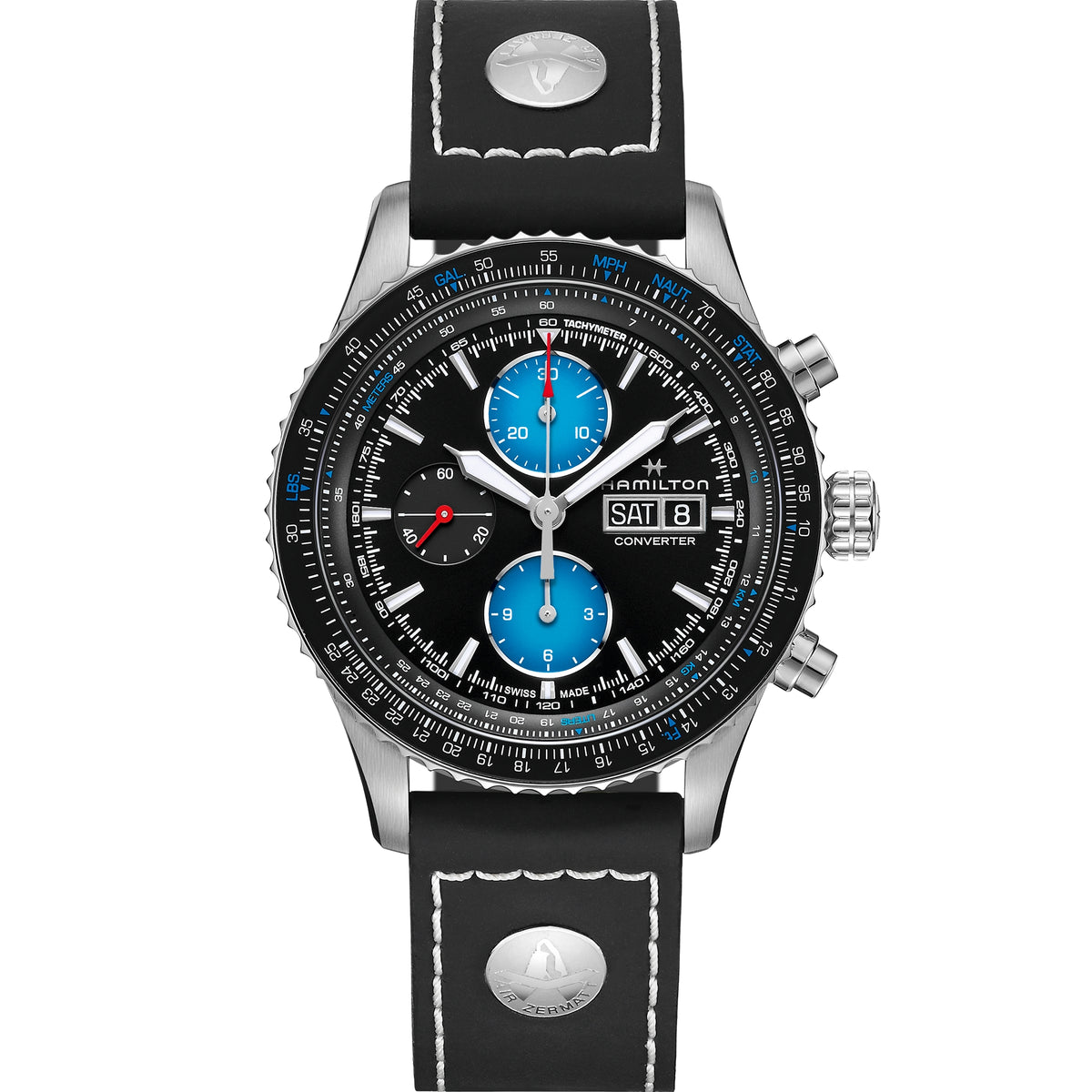 Men's automatic pilot watch front view with black dial, blue subdials, and leather strap