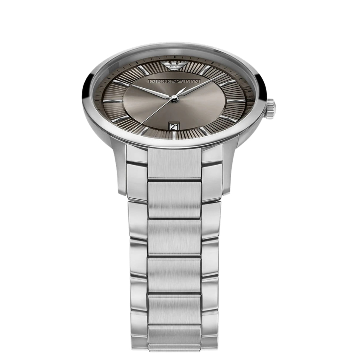 Overhead view of the Emporio Armani Archetipo AR11825 watch highlighting the 43mm grey dial and brushed steel bracelet links