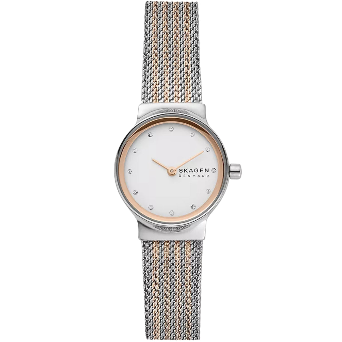 Front View of Skagen Freja Lille SKW2699 White Dial Watch with Two-Tone Mesh Strap