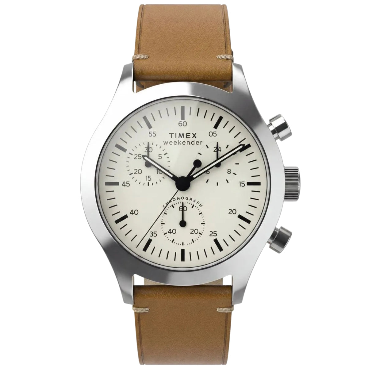 Timex Weekender New England TW2Y85000 front view displaying cream dial with chronograph sub-dials, pushers, and tan leather strap
