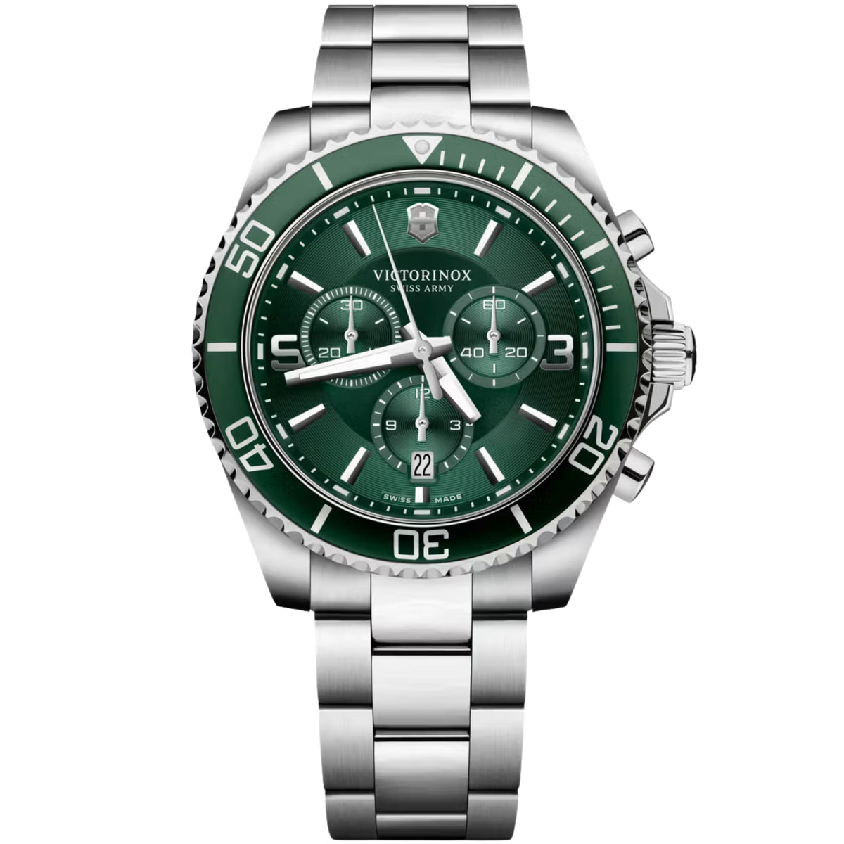 Men's green dial chronograph quartz watch with stainless steel case and rotating bezel