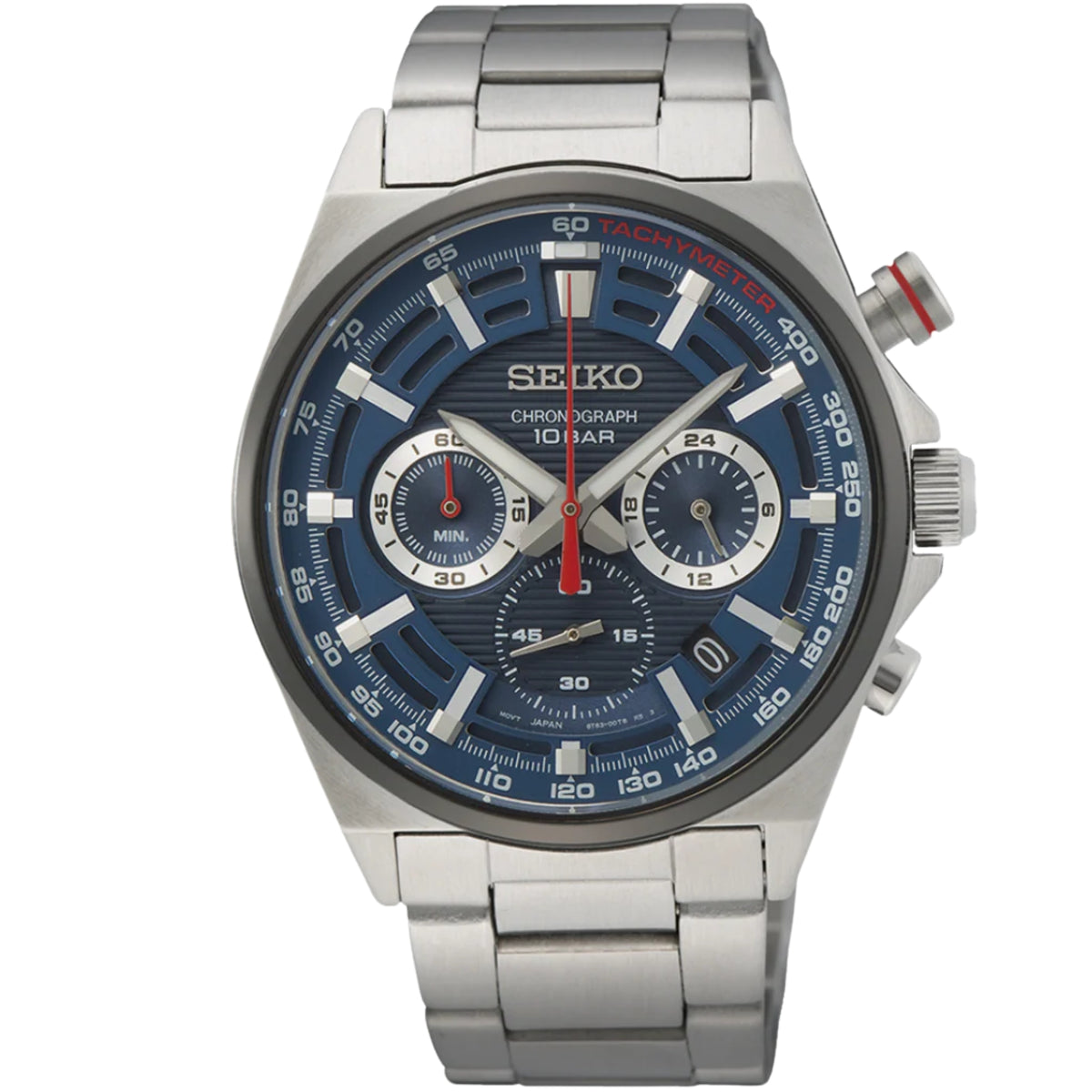 Seiko Essentials 41mm Chronograph blue dial tachymeter steel watch SSB407P1 front view