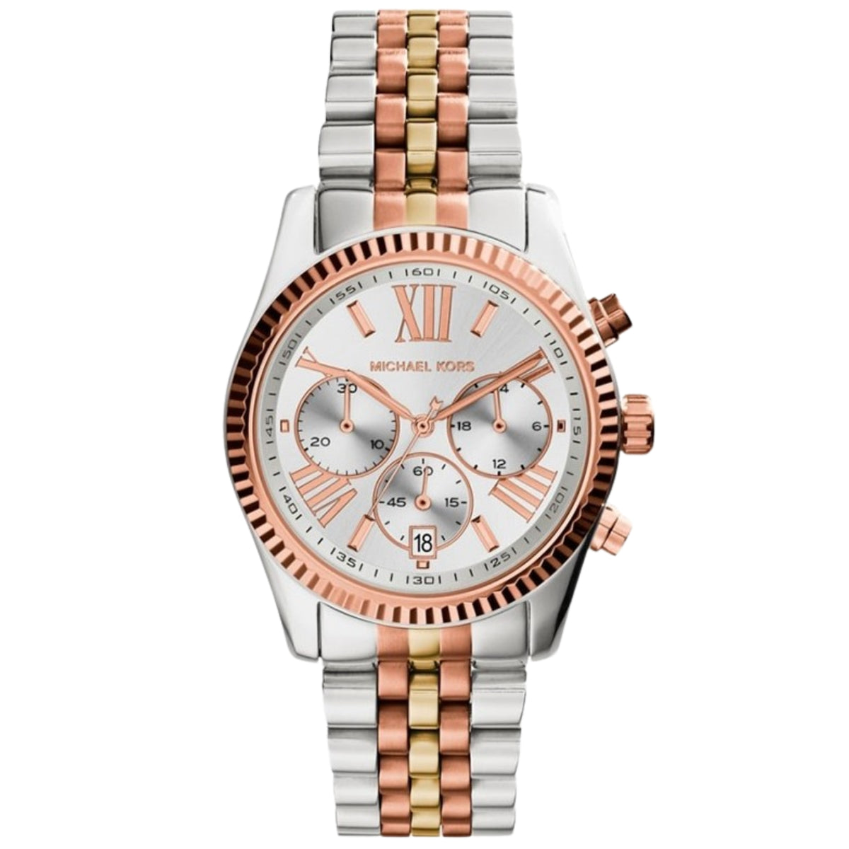 Michael Kors Lexington MK5735 ladies watch front view featuring a silver dial with subdials, date window, rose gold tone fluted bezel, and tri-colour bracelet