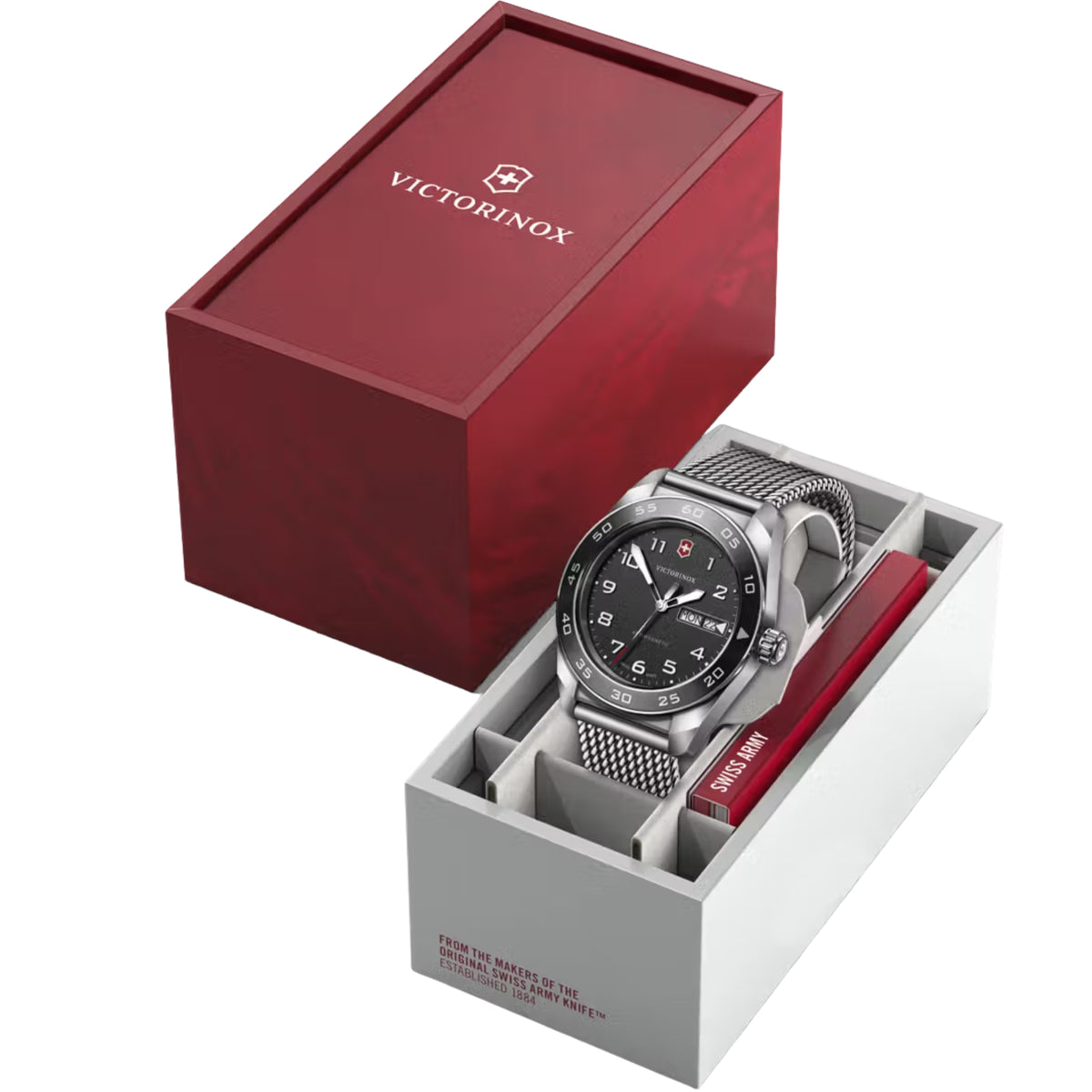 Victorinox Swiss Army quartz watch in open gift box, black dial, metal mesh bracelet