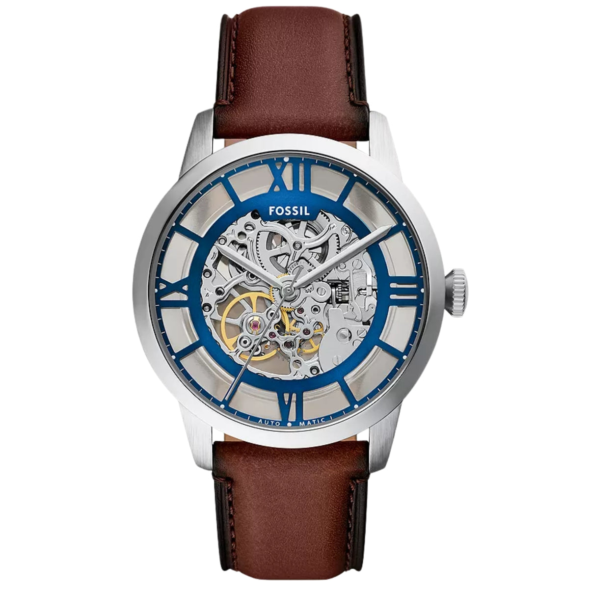 Fossil Townsman 44mm Skeleton Silver Dial Leather Mens Automatic Watch ME3267 front view