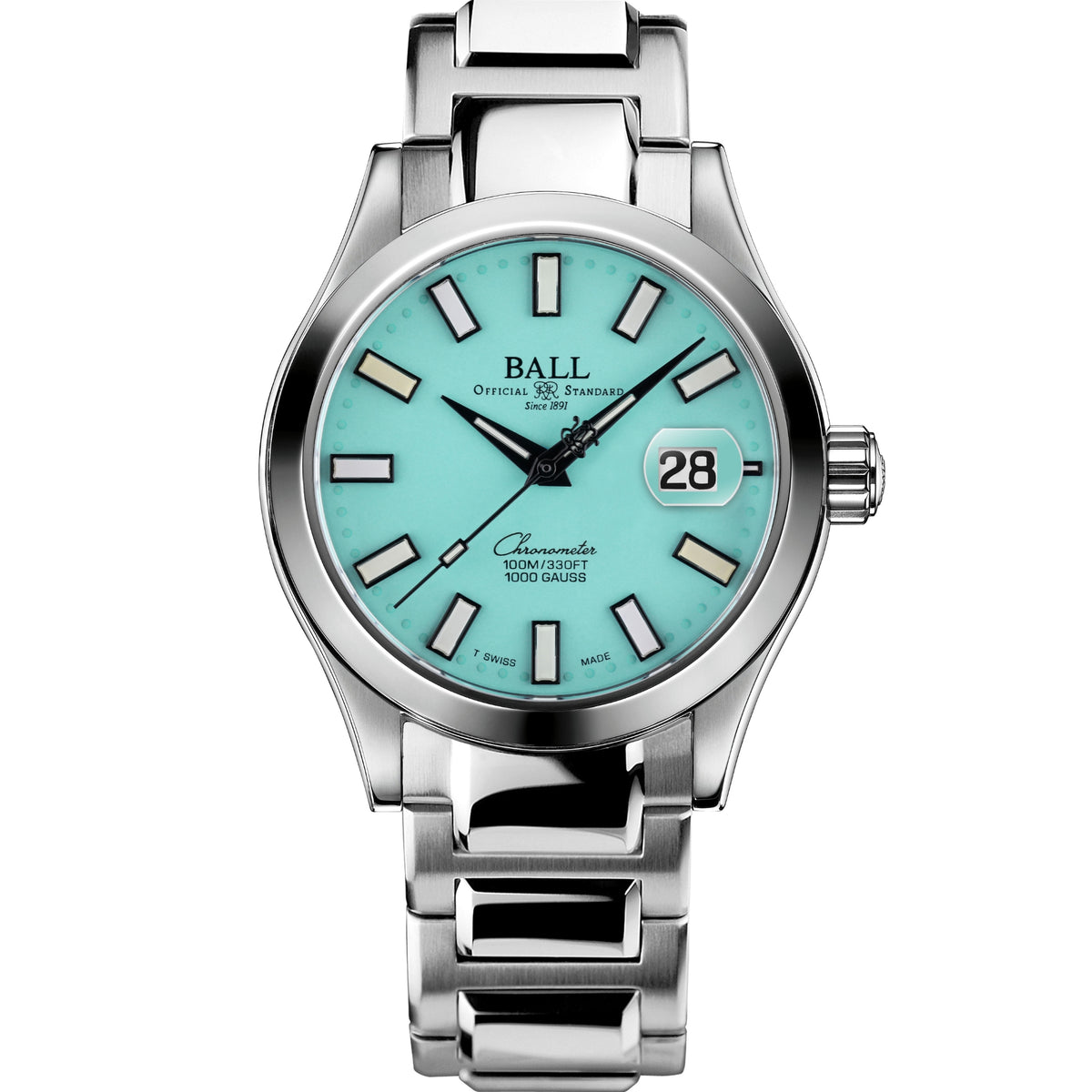 Silver steel men’s watch with turquoise dial, baton markers, black hands, date window at 28