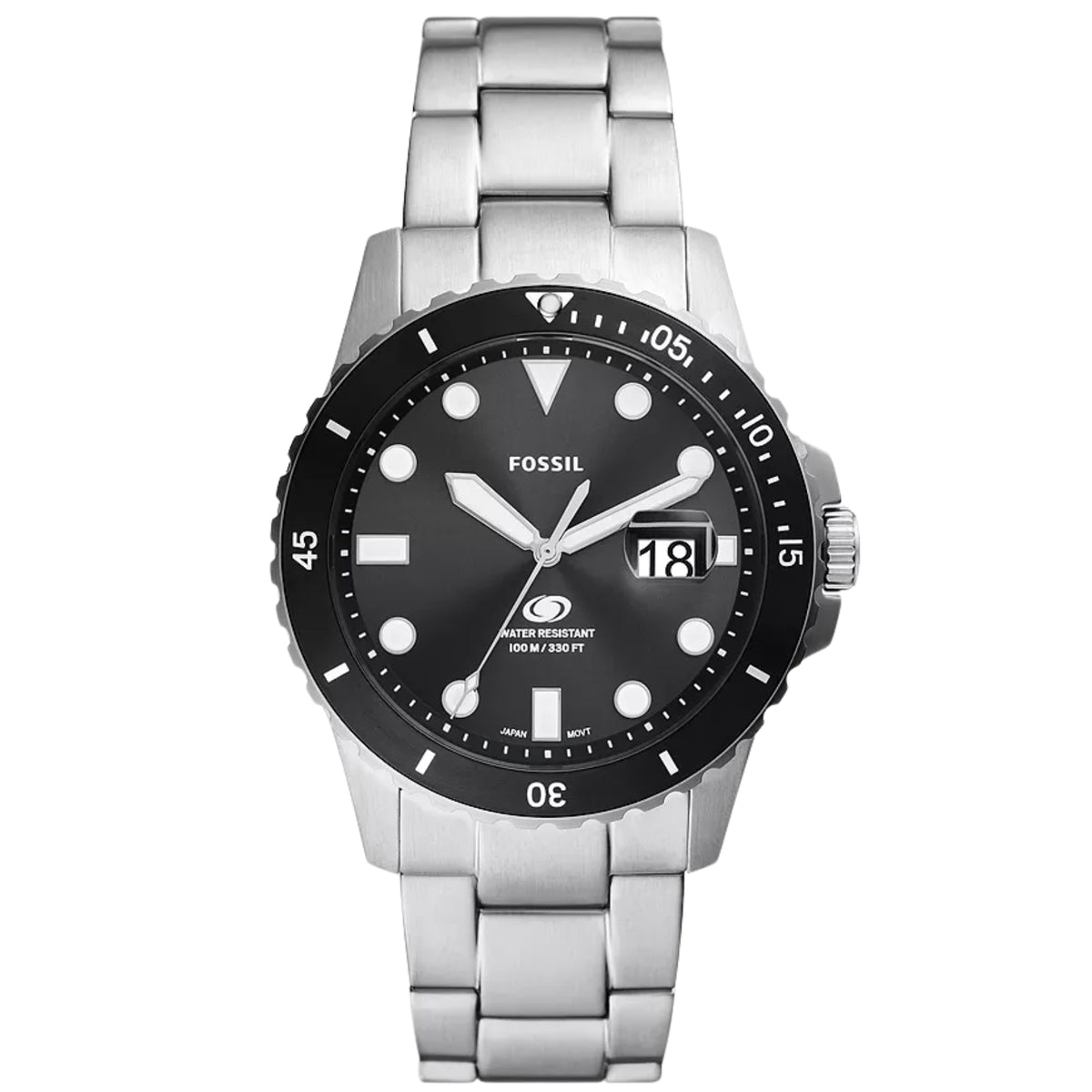 Stainless steel dive watch with black dial, luminous hands, and date window at 18