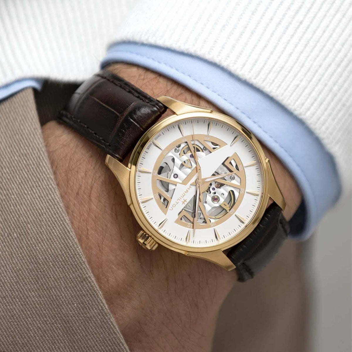 Hamilton Jazzmaster skeleton dial automatic watch on brown leather strap, gold-toned case