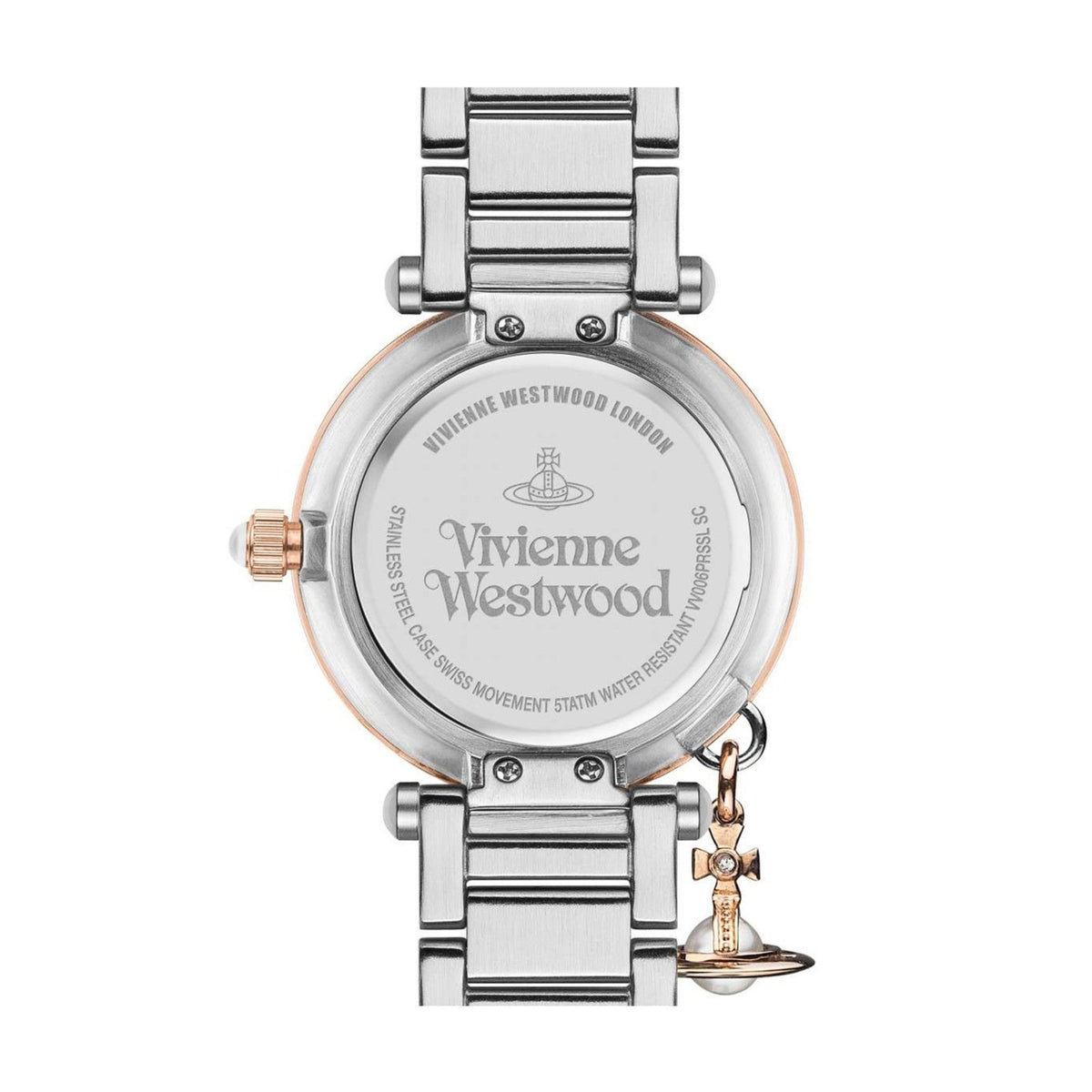 Rear view of Vivienne Westwood Mother Orb VV006PRSSL ladies watch showing engraved stainless steel case back