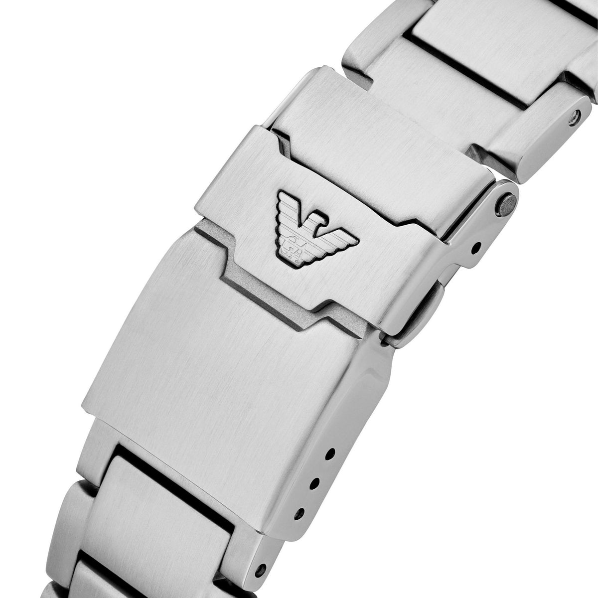 Steel watch clasp with engraved eagle logo and brushed metal link bracelet