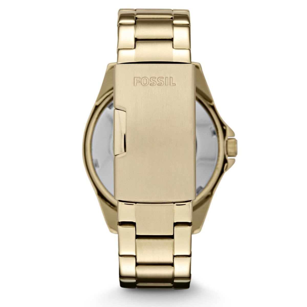 Rear view of the Fossil Riley ES3203 stainless steel watch highlighting the engraved gold-tone fold-over clasp and bracelet links
